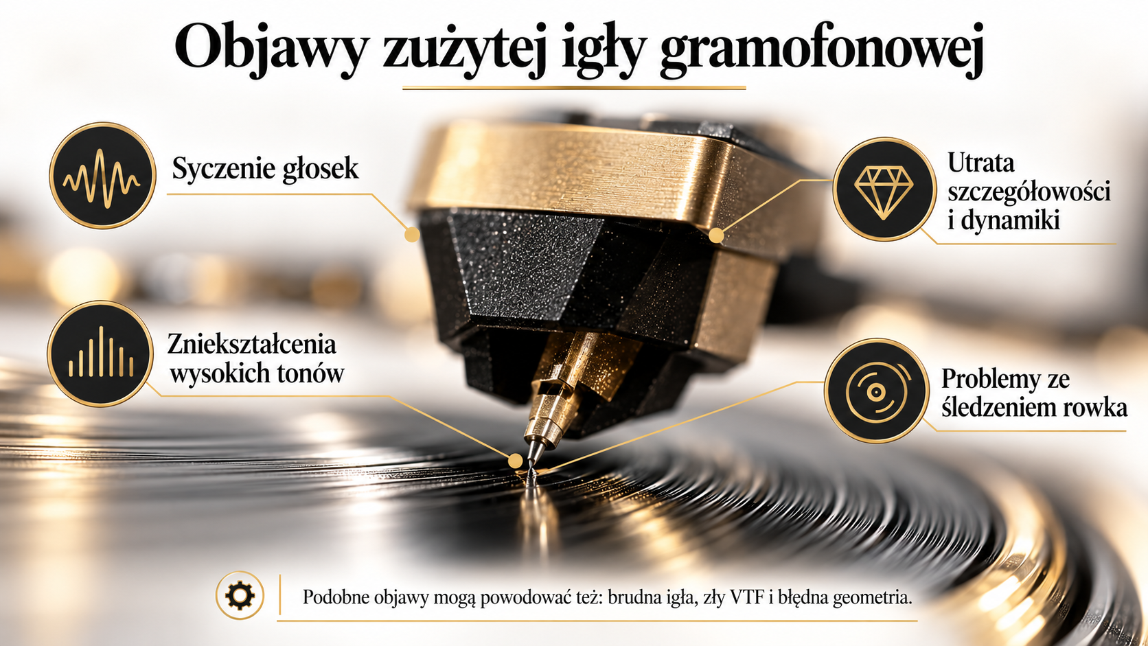 Objawy zużytej igły gramofonowej – zniekształcenia, syczenie i utrata szczegółowości